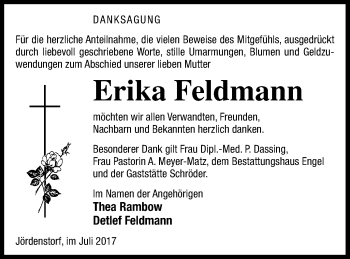 Traueranzeige von Erika Feldmann von Mecklenburger Schweiz