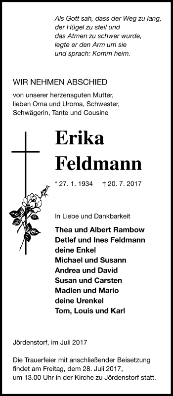 Traueranzeige von Erika Feldmann von Mecklenburger Schweiz