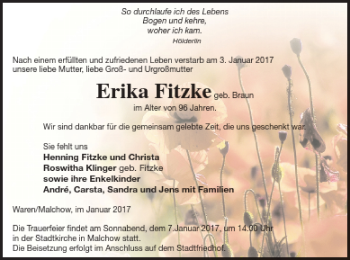 Traueranzeige von Erika Fitzke von Müritz-Zeitung