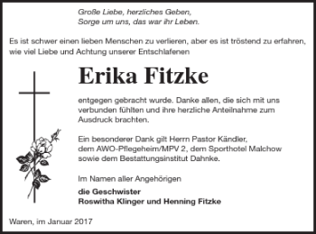 Traueranzeige von Erika Fitzke von Müritz-Zeitung