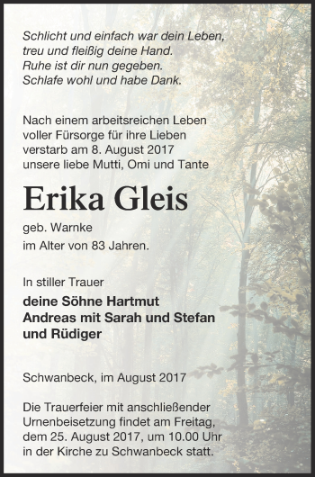 Traueranzeige von Erika Gleis von Neubrandenburger Zeitung