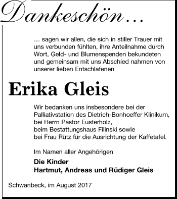 Traueranzeige von Erika Gleis von Neubrandenburger Zeitung