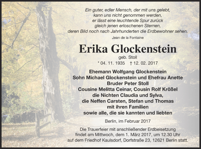  Traueranzeige für Erika Glockenstein vom 25.02.2017 aus Neubrandenburger Zeitung