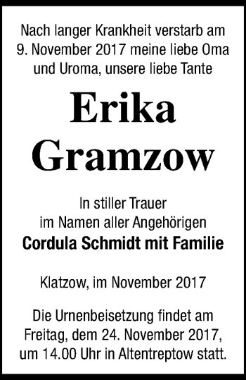 Traueranzeige von Erika Gramzow von Neubrandenburger Zeitung