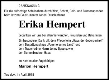 Traueranzeige von Erika Hempert von Haff-Zeitung