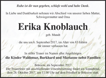 Traueranzeige von Erika Knoblauch von Prenzlauer Zeitung