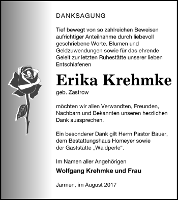 Traueranzeige von Erika Krehmke von Vorpommern Kurier