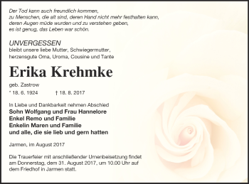 Traueranzeige von Erika Krehmke von Vorpommern Kurier