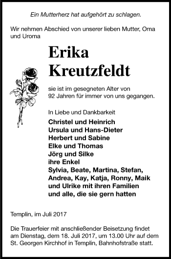 Traueranzeige von Erika Kreutzfeldt von Templiner Zeitung