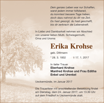 Traueranzeige von Erika Krohse von Haff-Zeitung