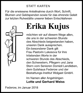 Traueranzeige von Erika Kujus von Müritz-Zeitung