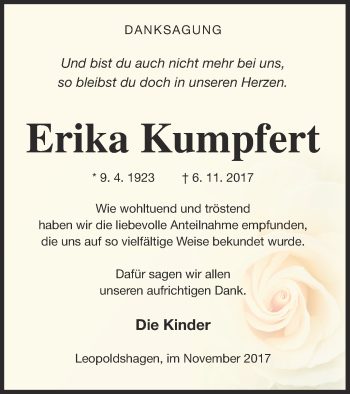 Traueranzeige von Erika Kumpfert von Haff-Zeitung