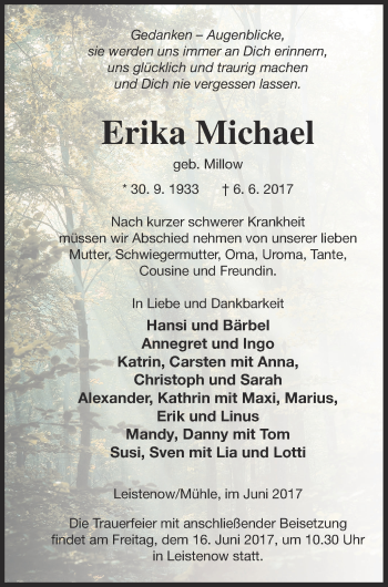 Traueranzeige von Erika Michael von Demminer Zeitung