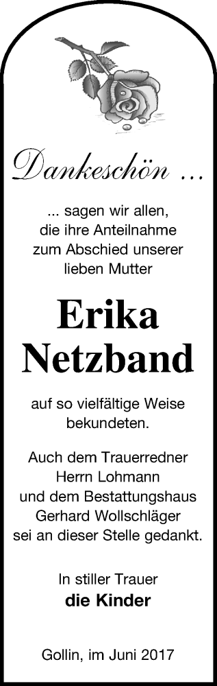 Traueranzeige von Erika Netzband von Templiner Zeitung