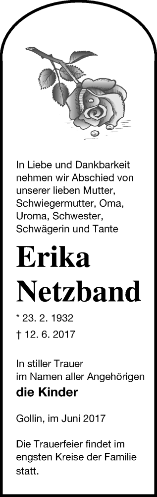 Traueranzeige von Erika Netzband von Templiner Zeitung