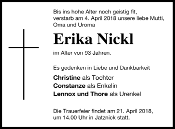 Traueranzeige von Erika Nickl von Pasewalker Zeitung