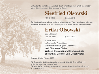 Traueranzeige von Erika Olsowski von Müritz-Zeitung