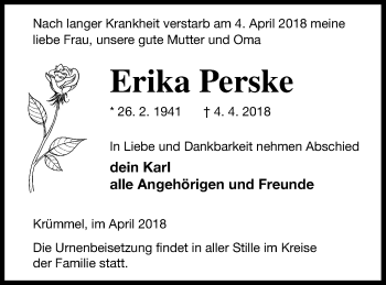 Traueranzeige von Erika Perske von Müritz-Zeitung