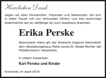 Traueranzeige von Erika Perske von Müritz-Zeitung