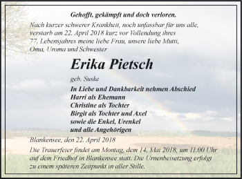 Traueranzeige von Erika Pietsch von Pasewalker Zeitung