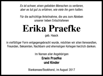 Traueranzeige von Erika Praefke von Pasewalker Zeitung