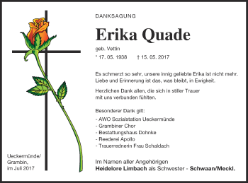 Traueranzeige von Erika Quade von Haff-Zeitung