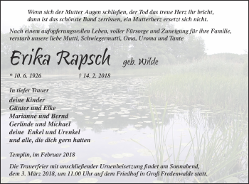 Traueranzeige von Erika Rapsch von Templiner Zeitung