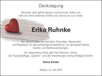 Traueranzeige von Erika Ruhnke von Müritz-Zeitung