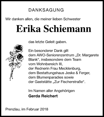 Traueranzeige von Erika Schiemann von Prenzlauer Zeitung