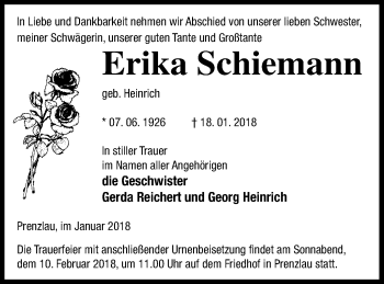 Traueranzeige von Erika Schiemann von Prenzlauer Zeitung
