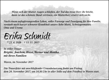 Traueranzeige von Erika Schmidt von Müritz-Zeitung