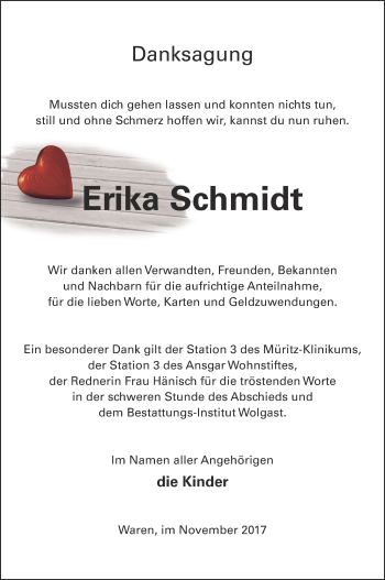 Traueranzeige von Erika Schmidt von Müritz-Zeitung
