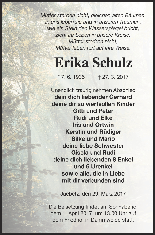  Traueranzeige für Erika Schulz vom 30.03.2017 aus Müritz-Zeitung