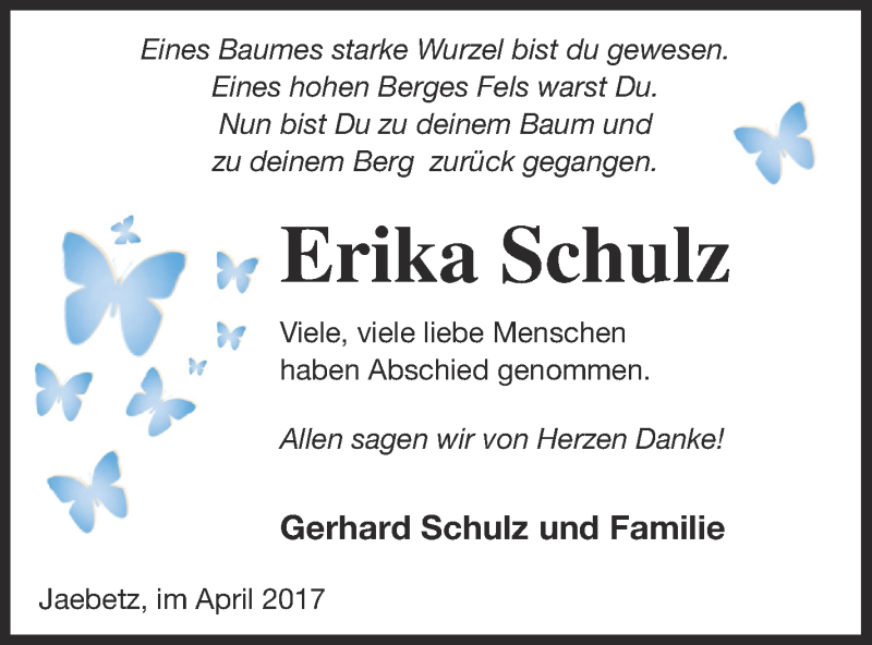  Traueranzeige für Erika Schulz vom 22.04.2017 aus Müritz-Zeitung