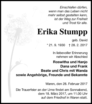 Traueranzeige von Erika Stumpp von Müritz-Zeitung