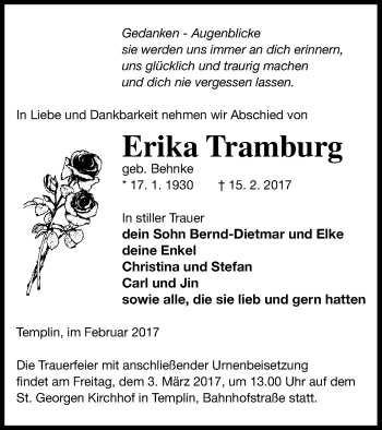 Traueranzeige von Erika Tramburg von Neubrandenburger Zeitung