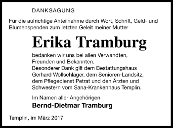 Traueranzeige von Erika Tramburg von Neubrandenburger Zeitung