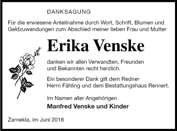 Traueranzeige von Erika Venske von Vorpommern Kurier