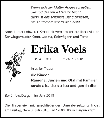 Traueranzeige von Erika Voels von Demminer Zeitung