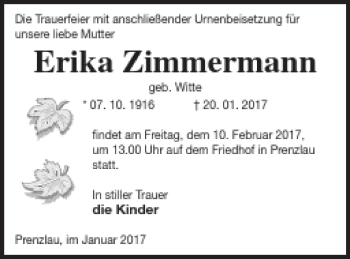 Traueranzeige von Erika Zimmermann von Prenzlauer Zeitung