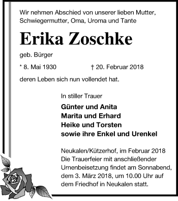 Traueranzeige von Erika Zoschke von Mecklenburger Schweiz