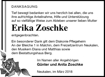 Traueranzeige von Erika Zoschke von Mecklenburger Schweiz