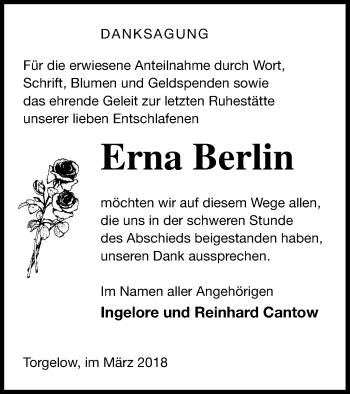 Traueranzeige von Erna Berlin von Haff-Zeitung