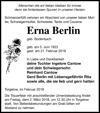 Traueranzeige von Erna Berlin von Haff-Zeitung