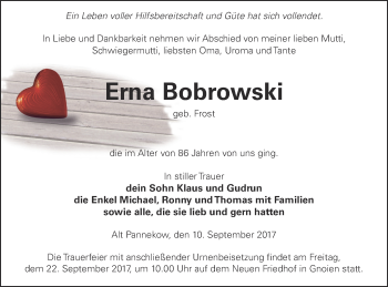 Traueranzeige von Erna Bobrowski von Mecklenburger Schweiz