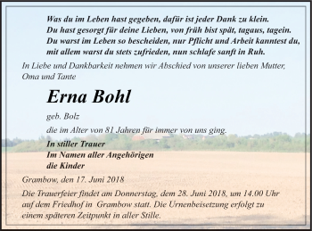 Traueranzeige von Erna Bohl von Pasewalker Zeitung