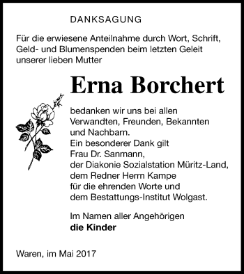 Traueranzeige von Erna Borchert von Müritz-Zeitung