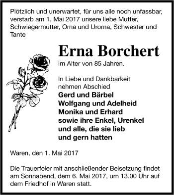 Traueranzeige von Erna Borchert von Müritz-Zeitung