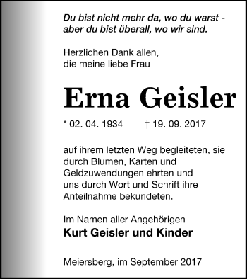 Traueranzeige von Erna Geisler von Haff-Zeitung