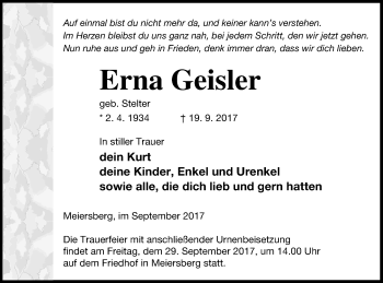 Traueranzeige von Erna Geisler von Haff-Zeitung